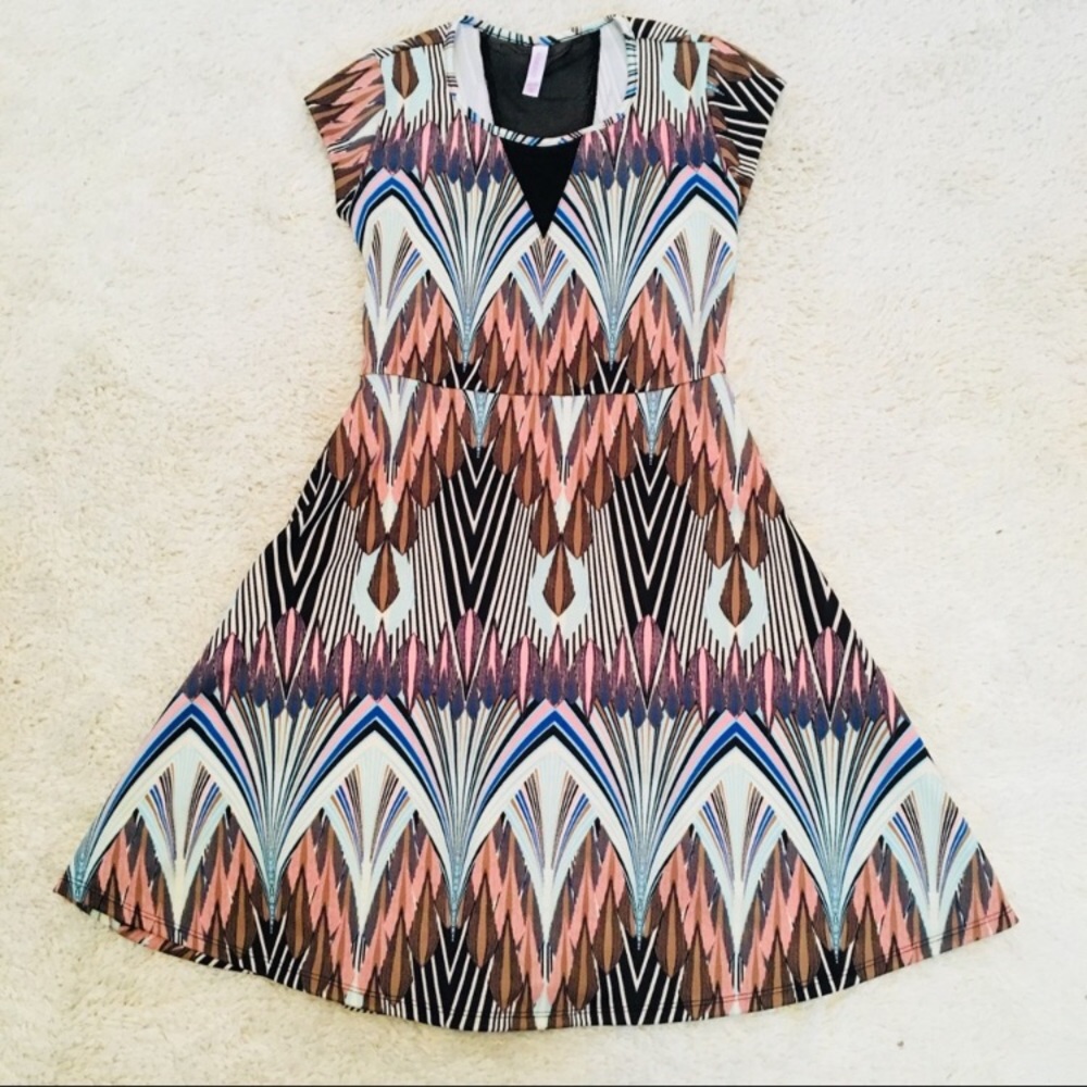 Xhilaration Printed Skater Dress with Mesh Inset